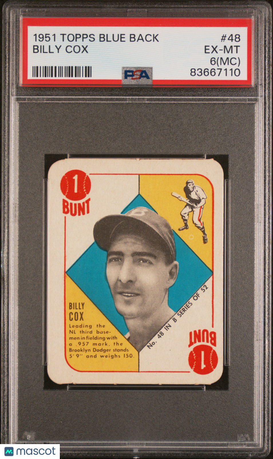 1951 Topps Blue Back Billy Cox #48 PSA 6 MC