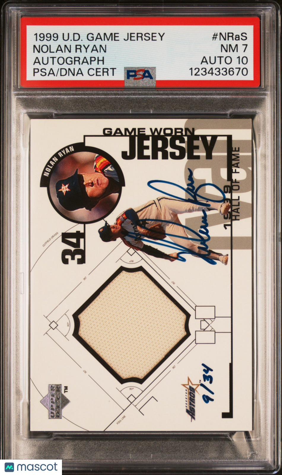 1999 Upper Deck Game Jersey Nolan Ryan #NRaS Autograph PSA 7 9/34 Auto 10