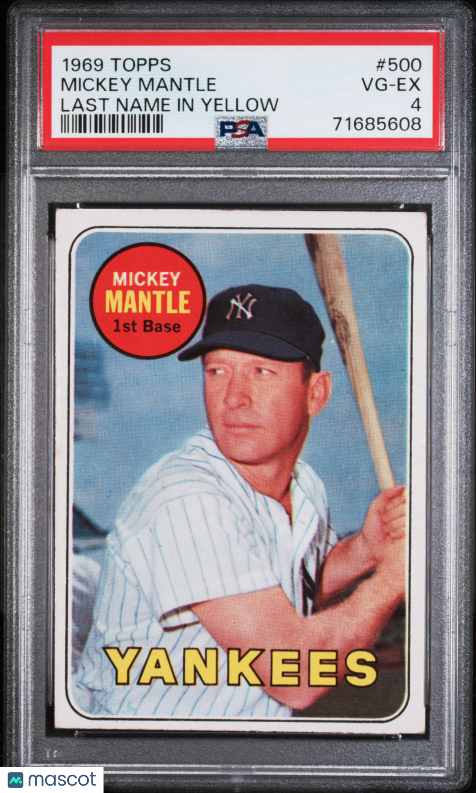 1969 Topps Mickey Mantle #500 Last Name In Yellow PSA 4