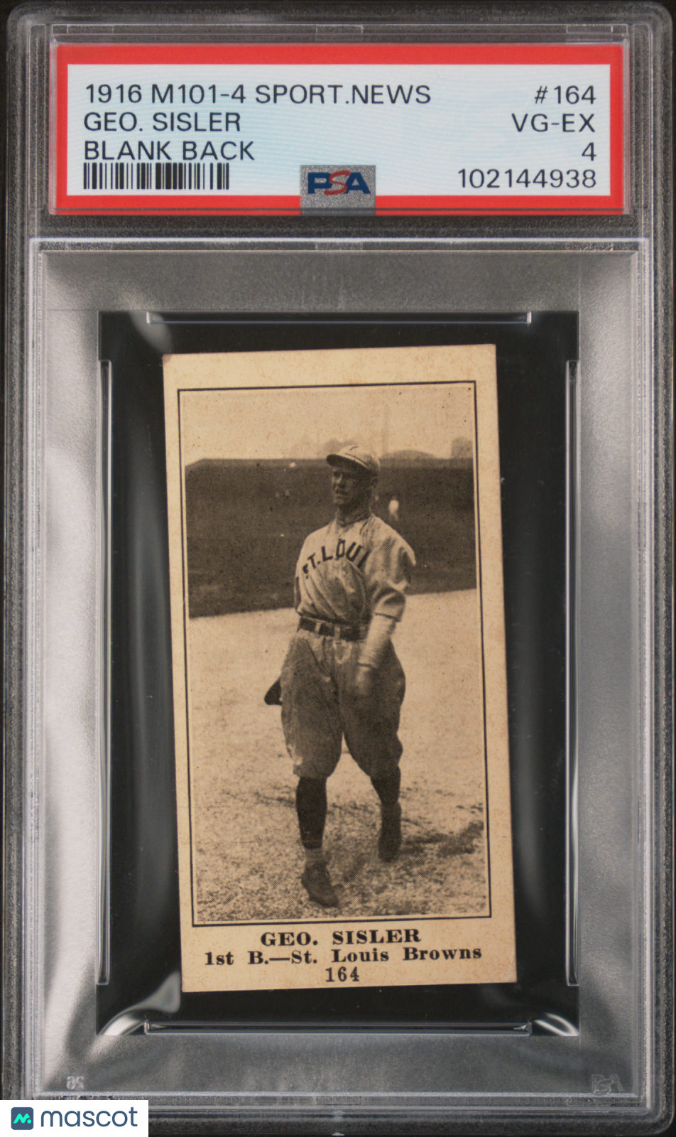 1916 M101-4 Sporting News Geo. Sisler #164 Blank Back PSA 4