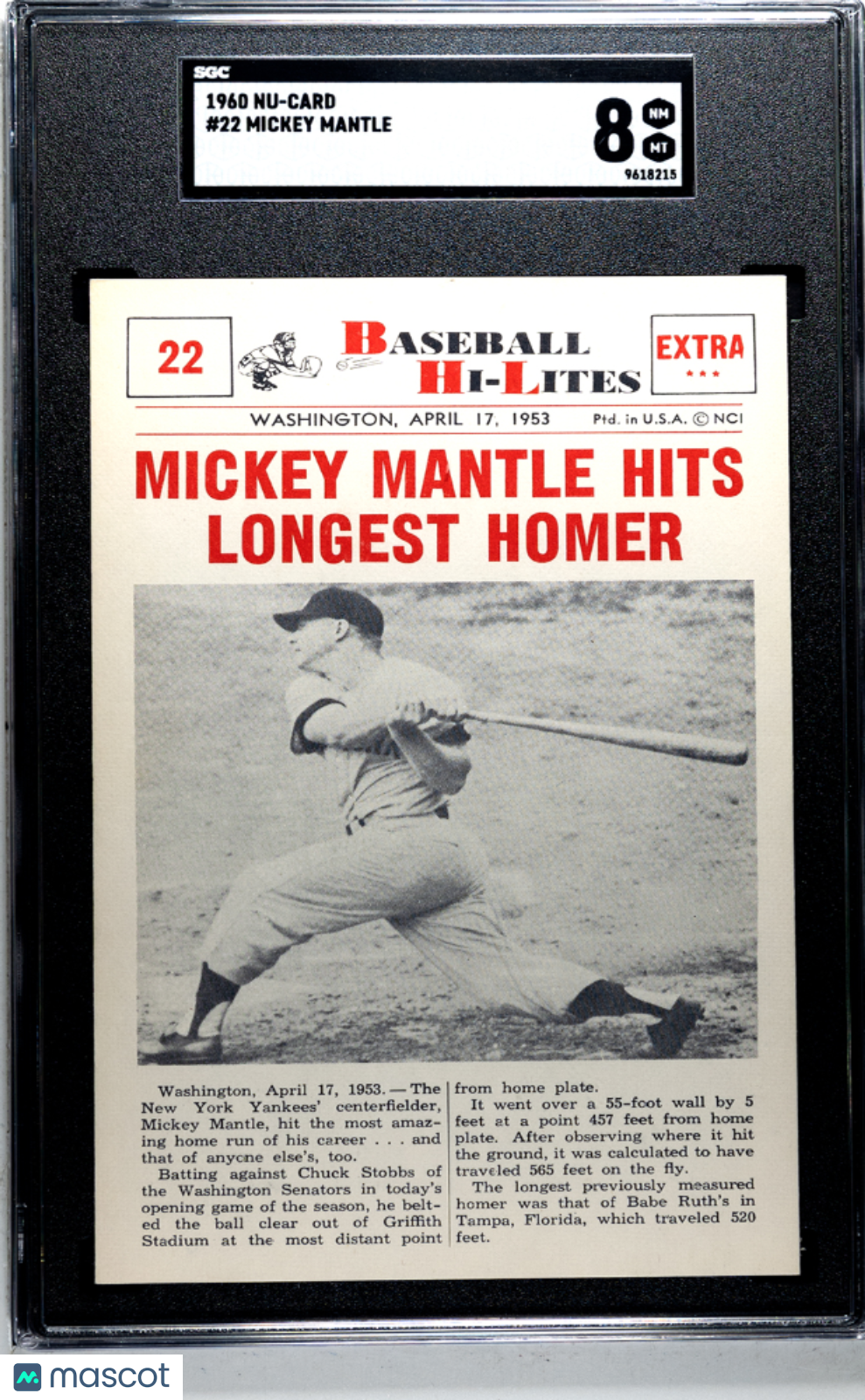 1960 Nu-Card Mickey Mantle #22 SGC 8