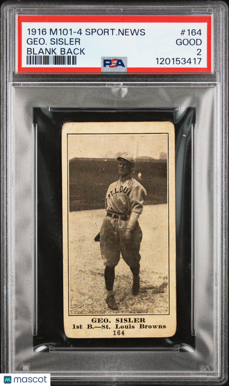 1916 M101-4 Sporting News Geo. Sisler #164 Blank Back PSA 2