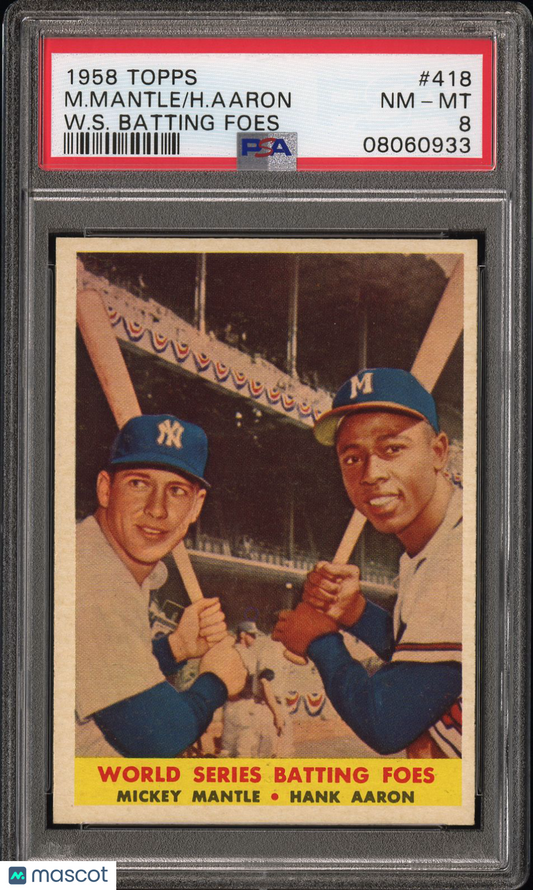 1958 Topps H. Aaron M. Mantle #418 W. S. Batting Foes PSA 8