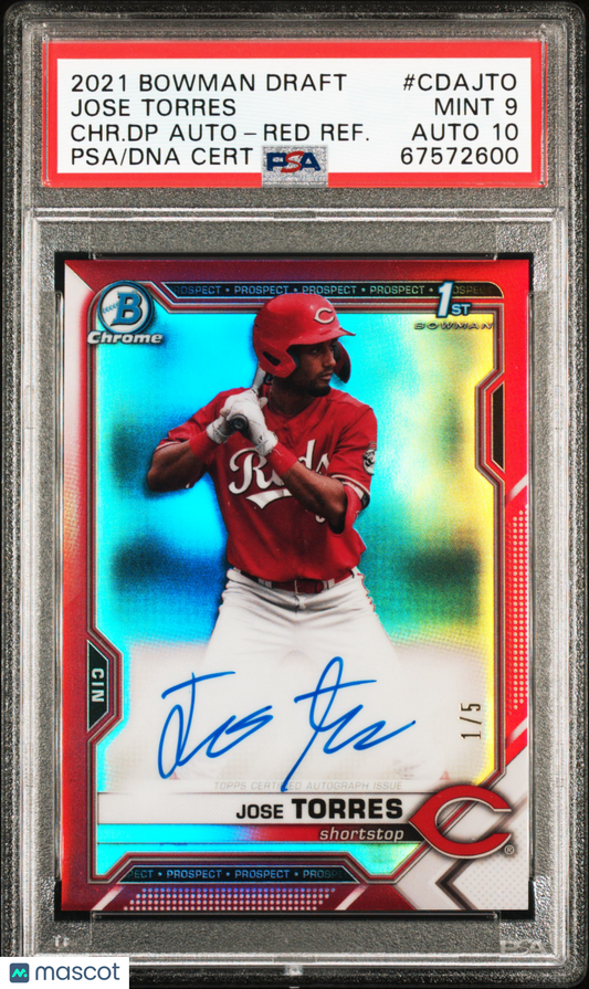 2021 Bowman Draft Chrome Auto Jose Torres #CDAJTO Red Refractor PSA 9 /5 Auto 10
