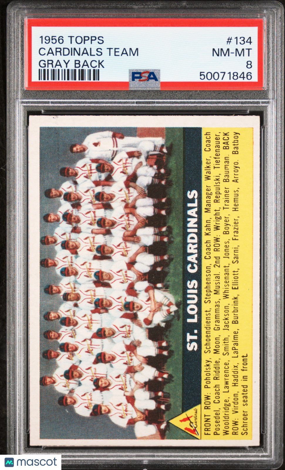 1956 Topps Cardinals Team #134 Gray Back PSA 8