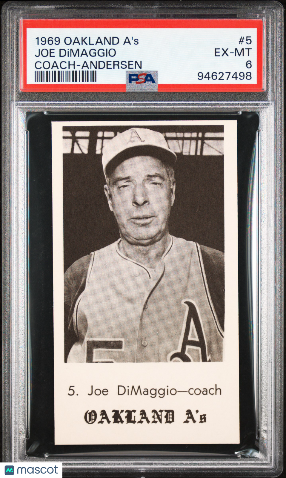 1969 Oakland A's Andersen Joe Dimaggio #5 Coach PSA 6