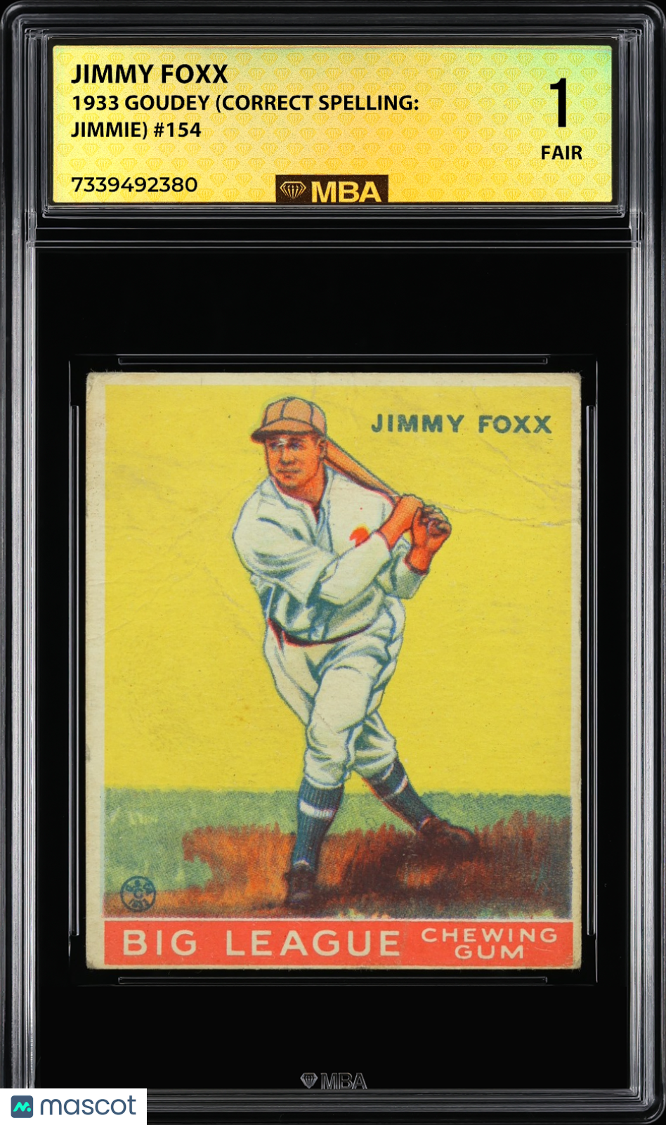 1933 Goudey Jimmy Foxx #154 (Correct Spelling: Jimmie) MBA 1