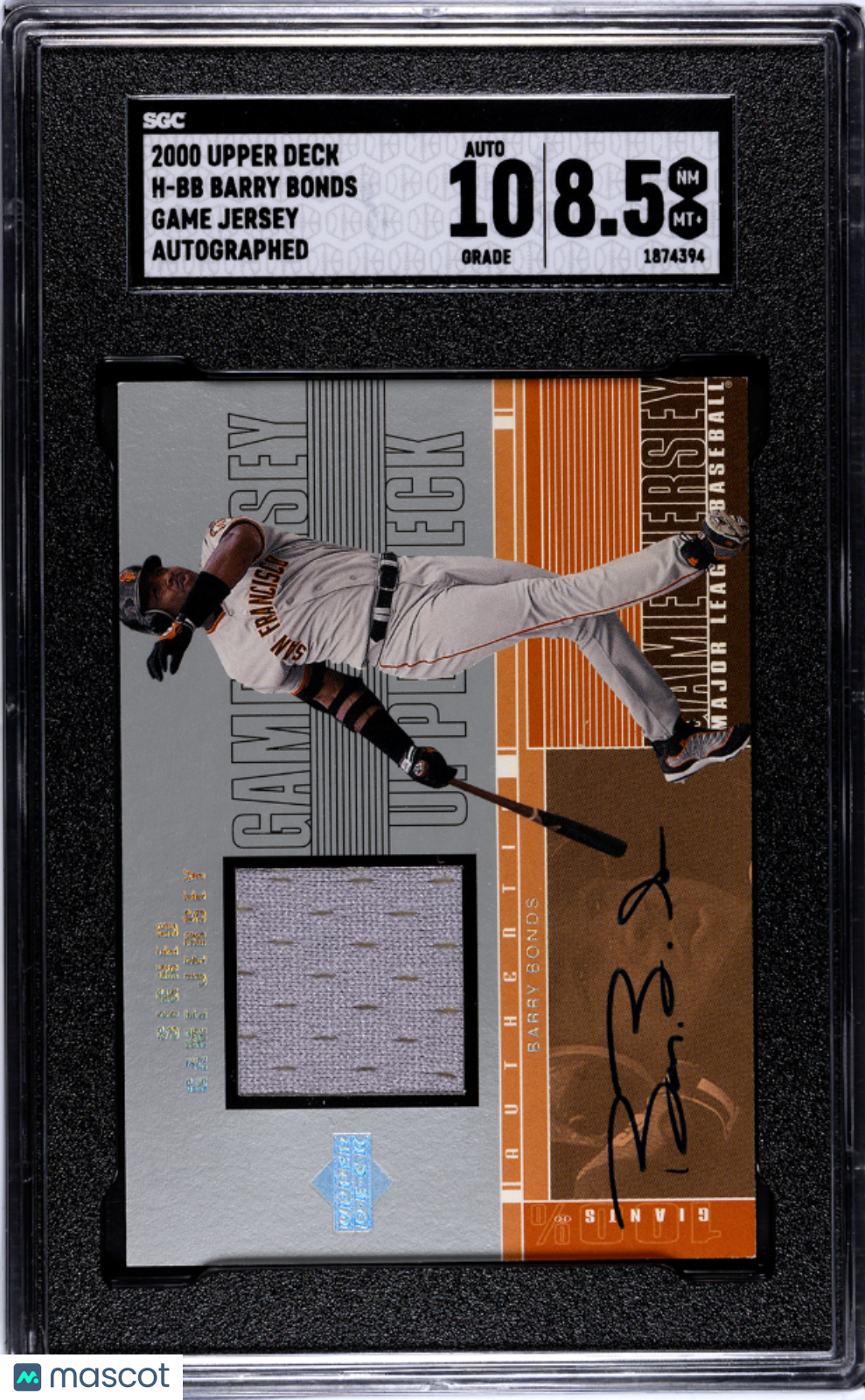 2000 Upper Deck Barry Bonds #H-BB Game Jersey Autograph SGC 8.5 Auto 10