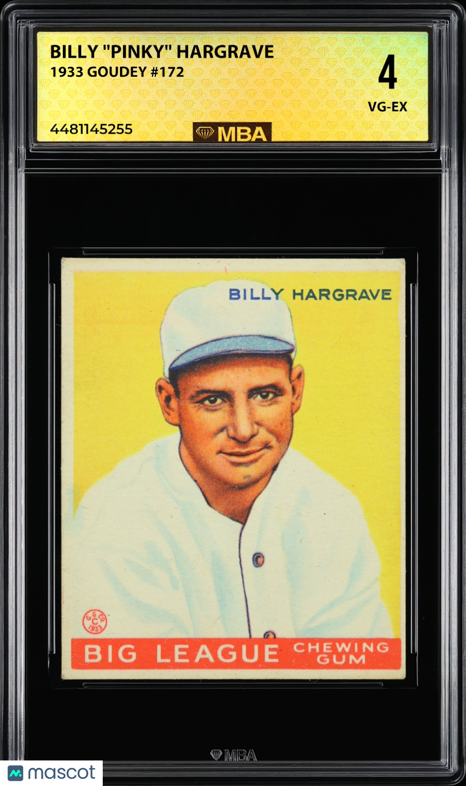 1933 Goudey Billy "Pinky" Hargrave #172 MBA 4