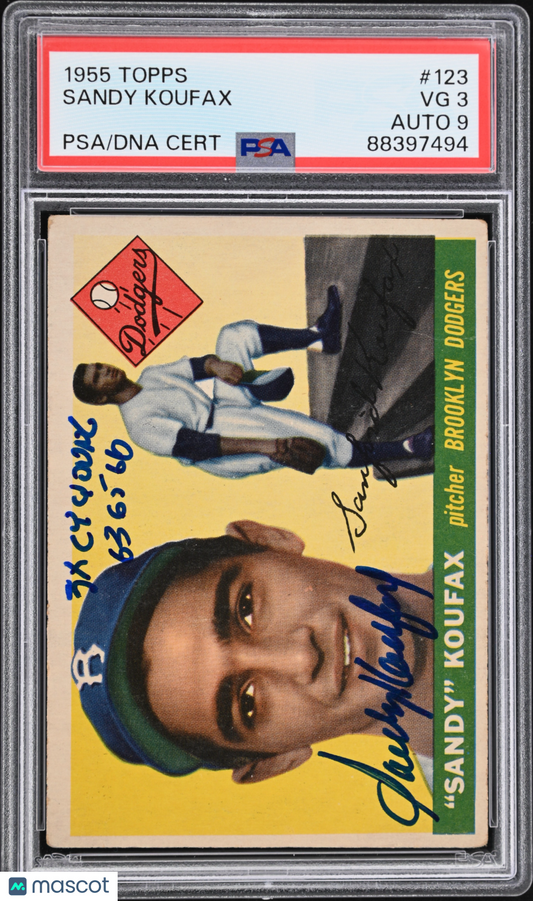 1955 Topps Sandy Koufax #123 PSA 3 Auto 9
