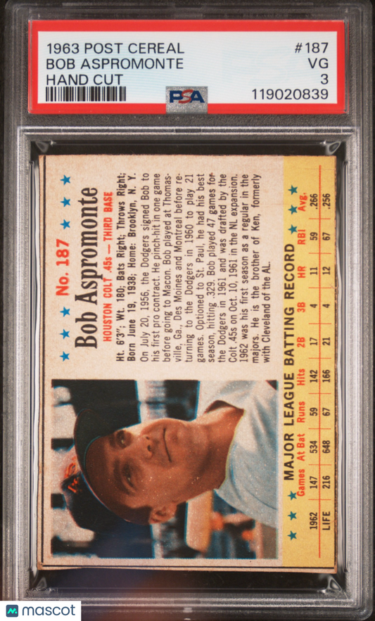 1963 Post Cereal Bob Aspromonte #187 Hand Cut PSA 3