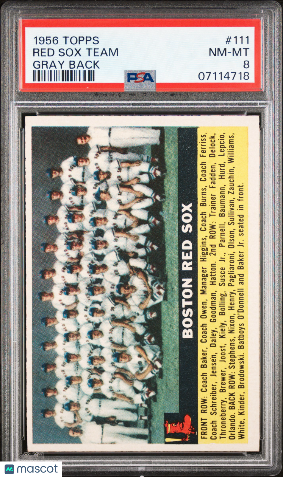 1956 Topps Red Sox Team #111 Gray Back PSA 8