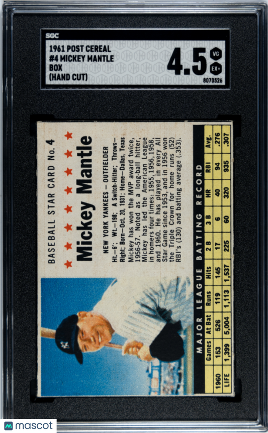 1961 Post Cereal Mickey Mantle #4 Box (Hand Cut) SGC 4.5
