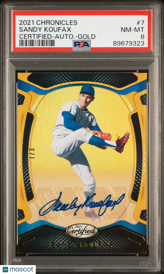 2021 Panini Chronicles Certified Sandy Koufax #7 Autograph Gold PSA 8 1/3