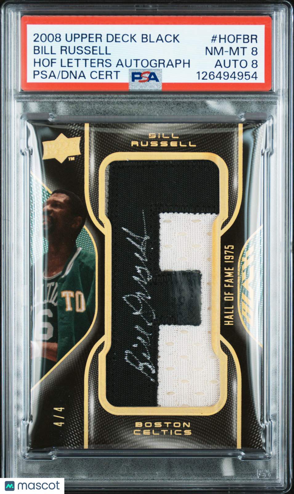 2008 Upper Deck Black Hof Letters Autograph Bill Russell #HOFBR PSA 8 4/4 Auto 8