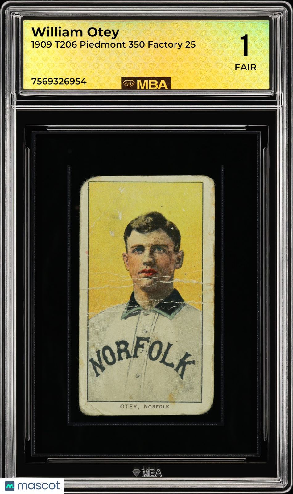 1909 T206 Piedmont 350 Factory 25 William Otey MBA 1