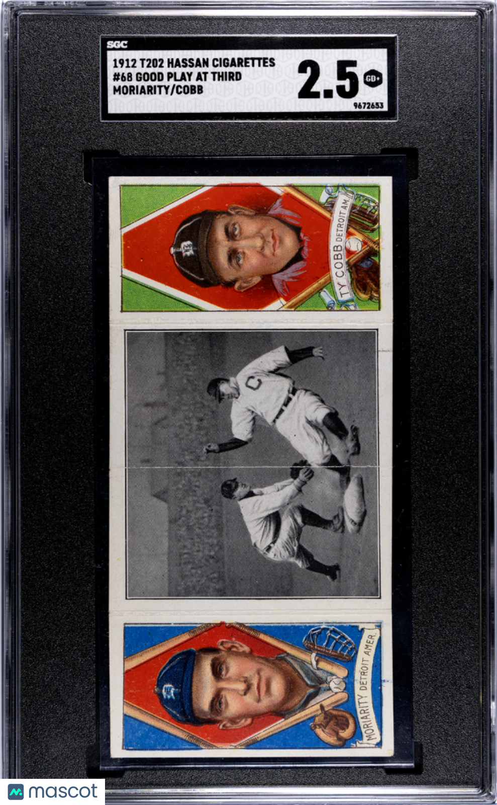 1912 T202 Hassan Cigarettes Good Play At Third #68 Moriarity Cobb SGC 2.5