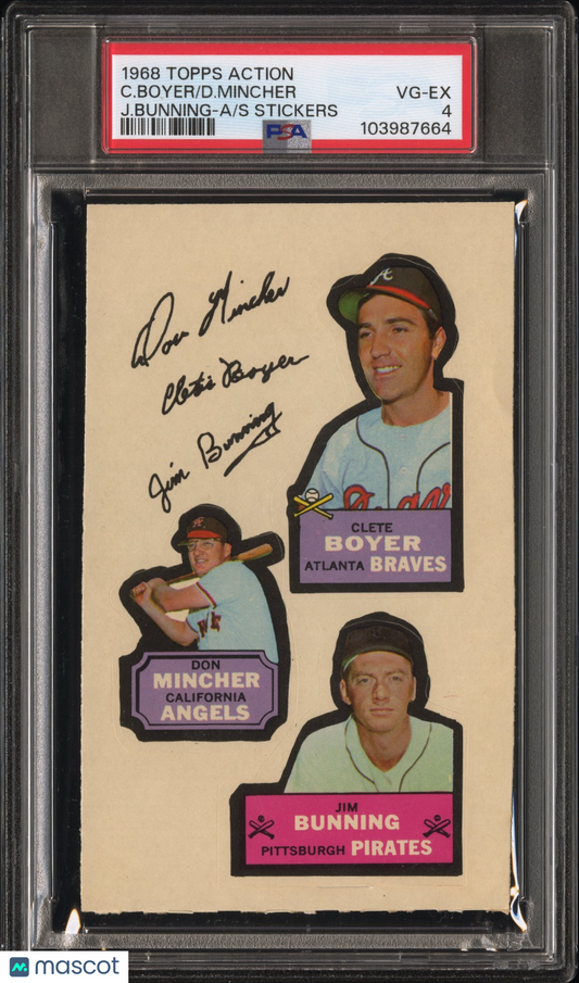 1968 Topps Action All-Star Stickers D. Mincher C. Boyer J. Bunning PSA 4