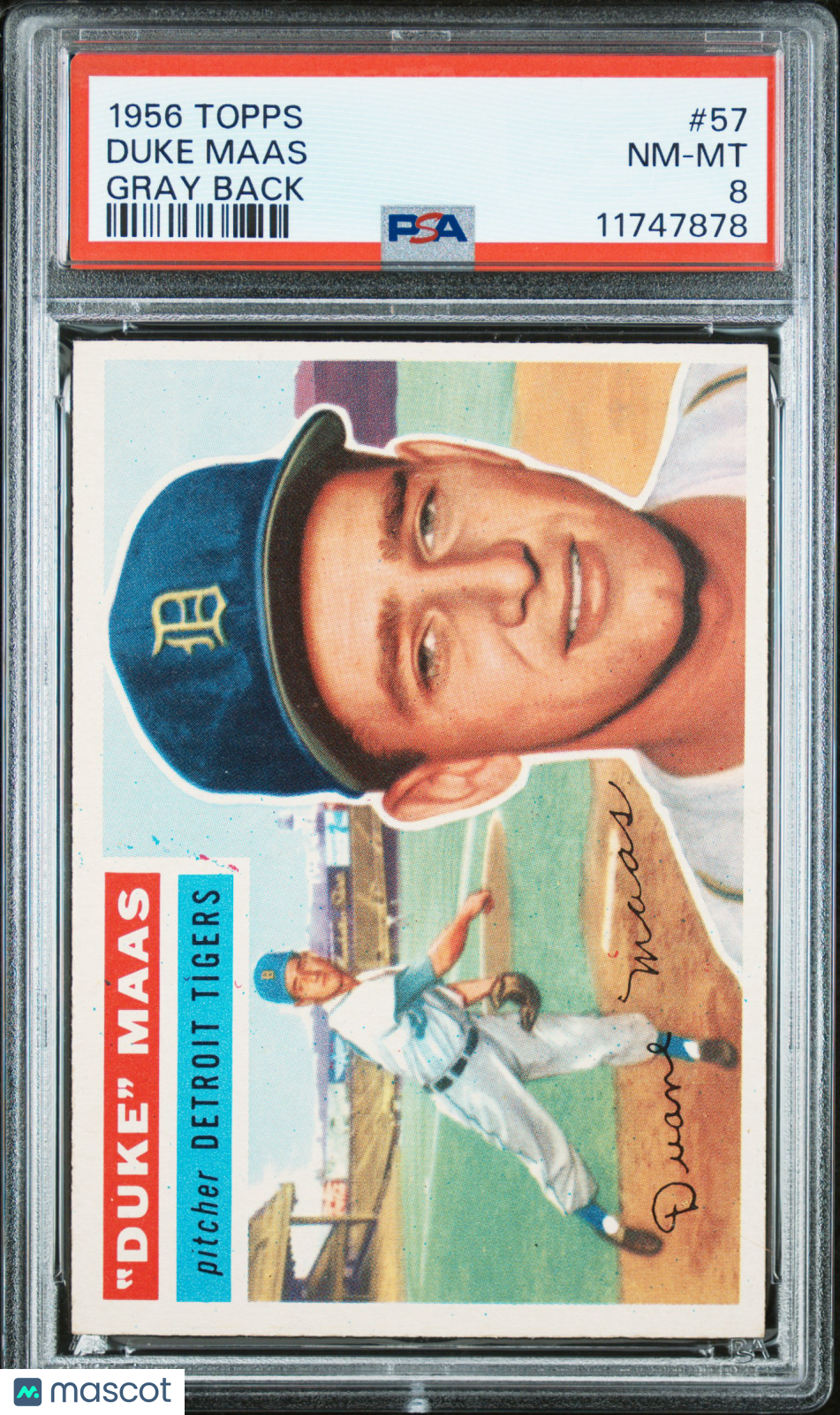 1956 Topps Duke Maas #57 Gray Back PSA 8
