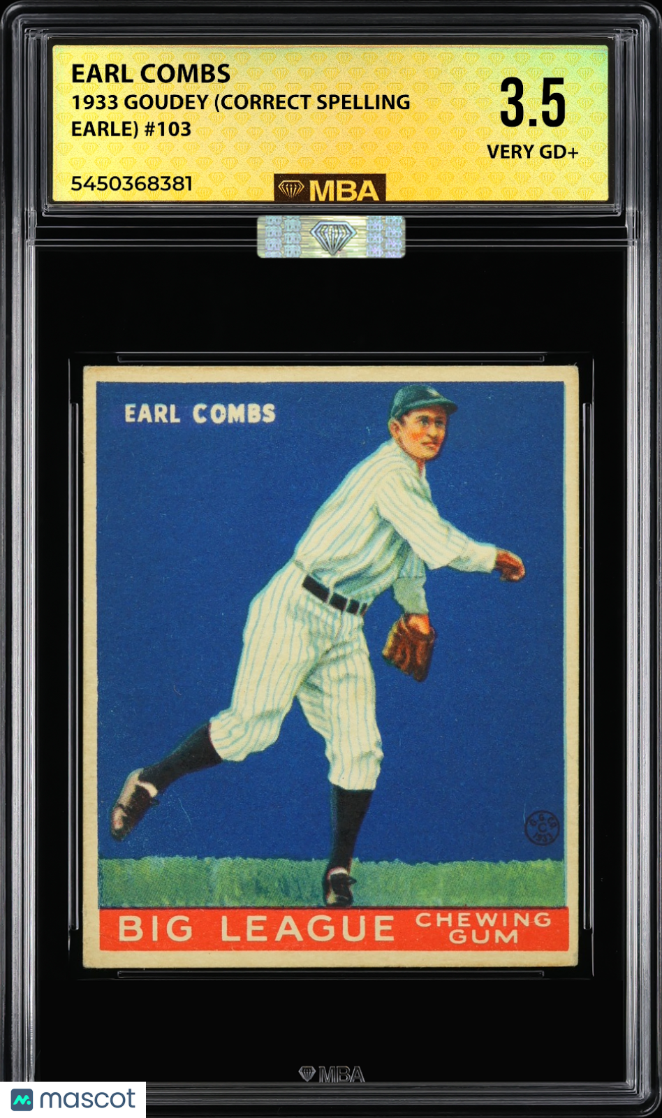 1933 Goudey Earl Combs #103 (Correct spelling Earle) MBA 3.5 MBA Silver