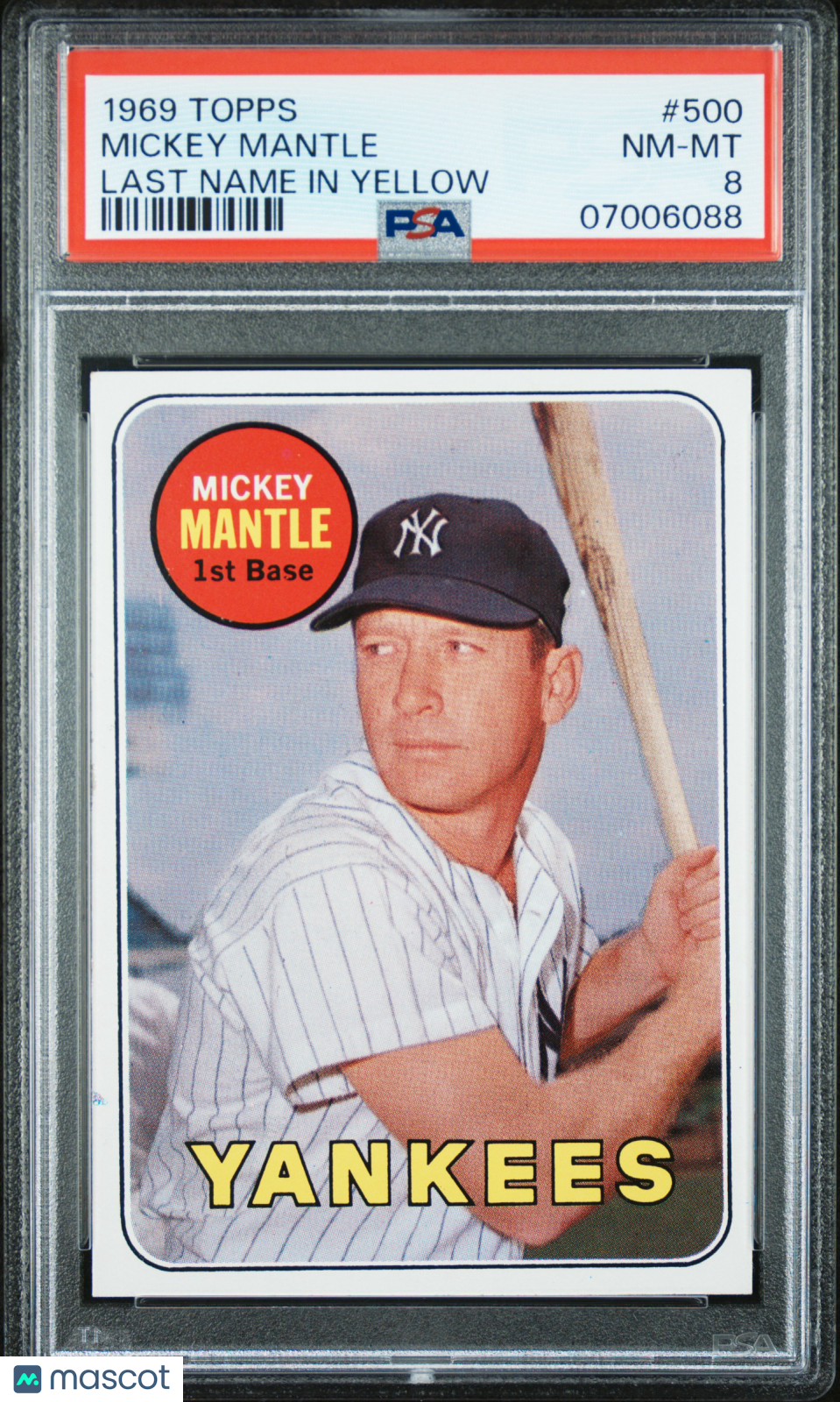 1969 Topps Mickey Mantle #500 Last Name In Yellow PSA 8