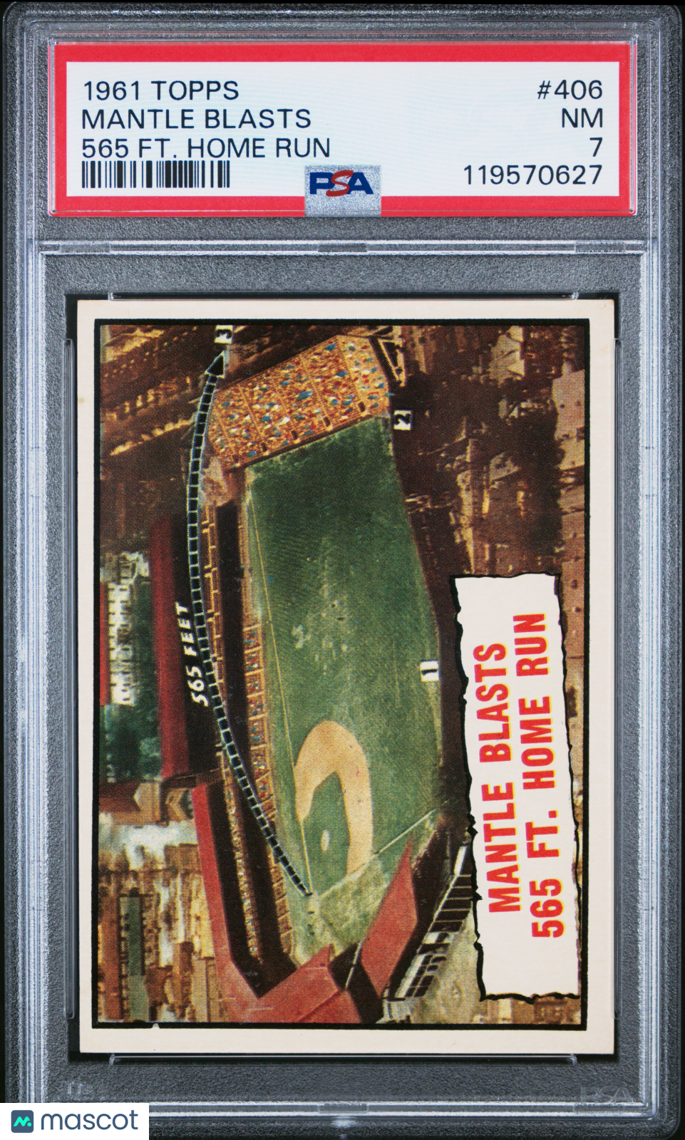 1961 Topps Mantle Blasts #406 565 FT. Home Run PSA 7