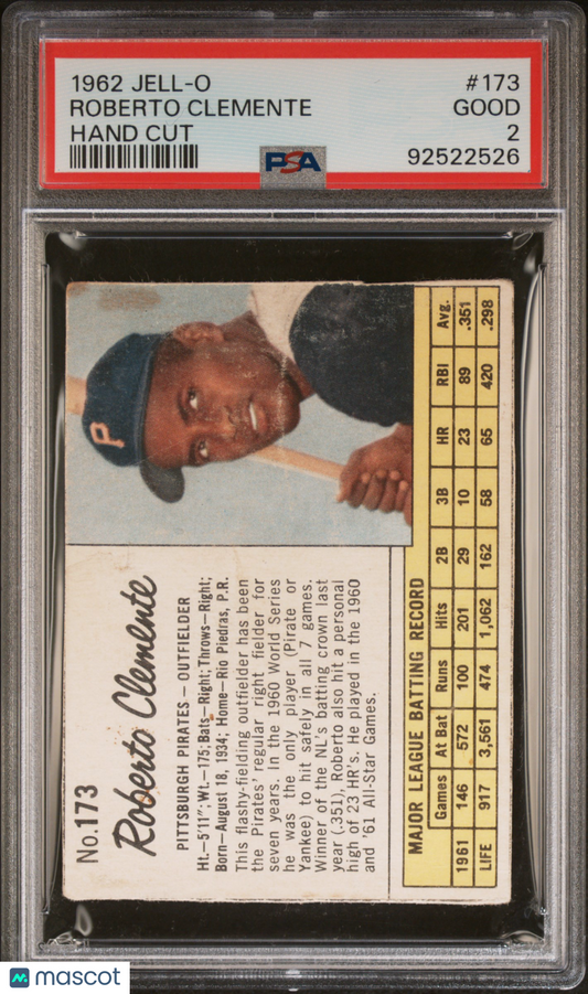 1962 Jell-O Roberto Clemente #173 Hand Cut PSA 2