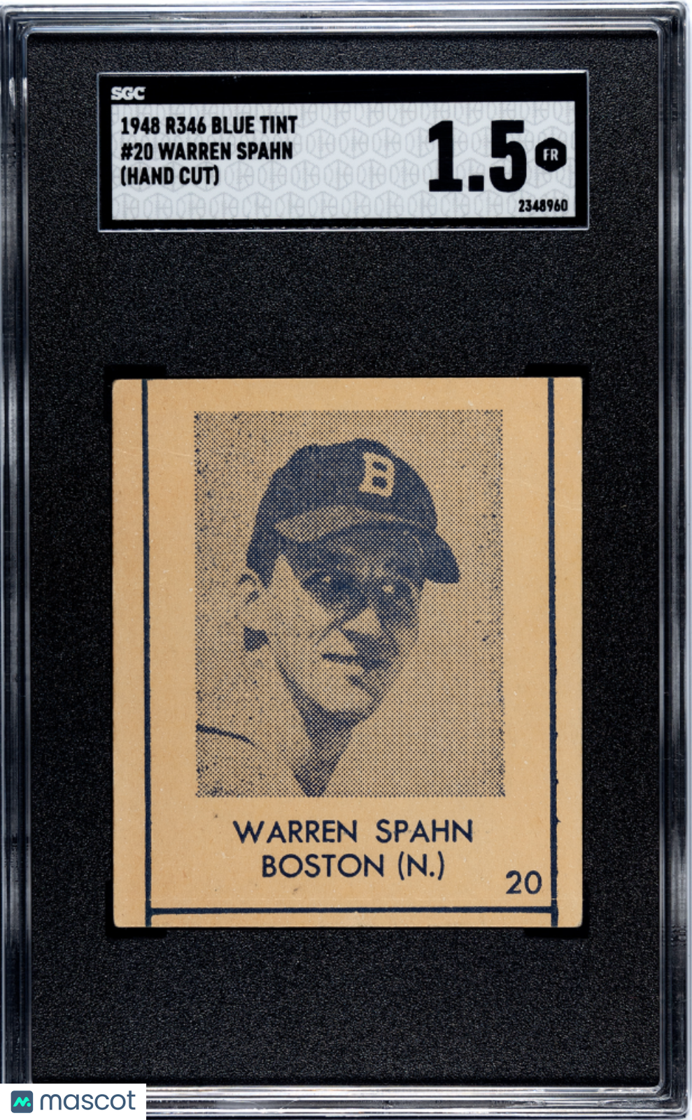 1948 R346 Blue Tint Warren Spahn #20 (Hand Cut) SGC 1.5