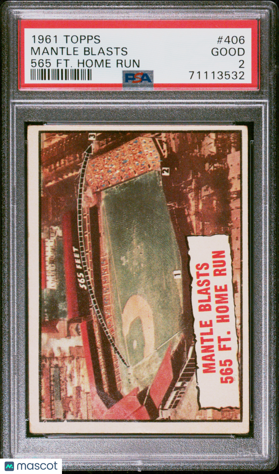 1961 Topps Mantle Blasts #406 565 FT. Home Run PSA 2