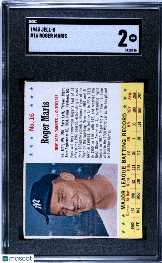 1963 Jell-O Roger Maris #16 (Hand Cut) SGC 2