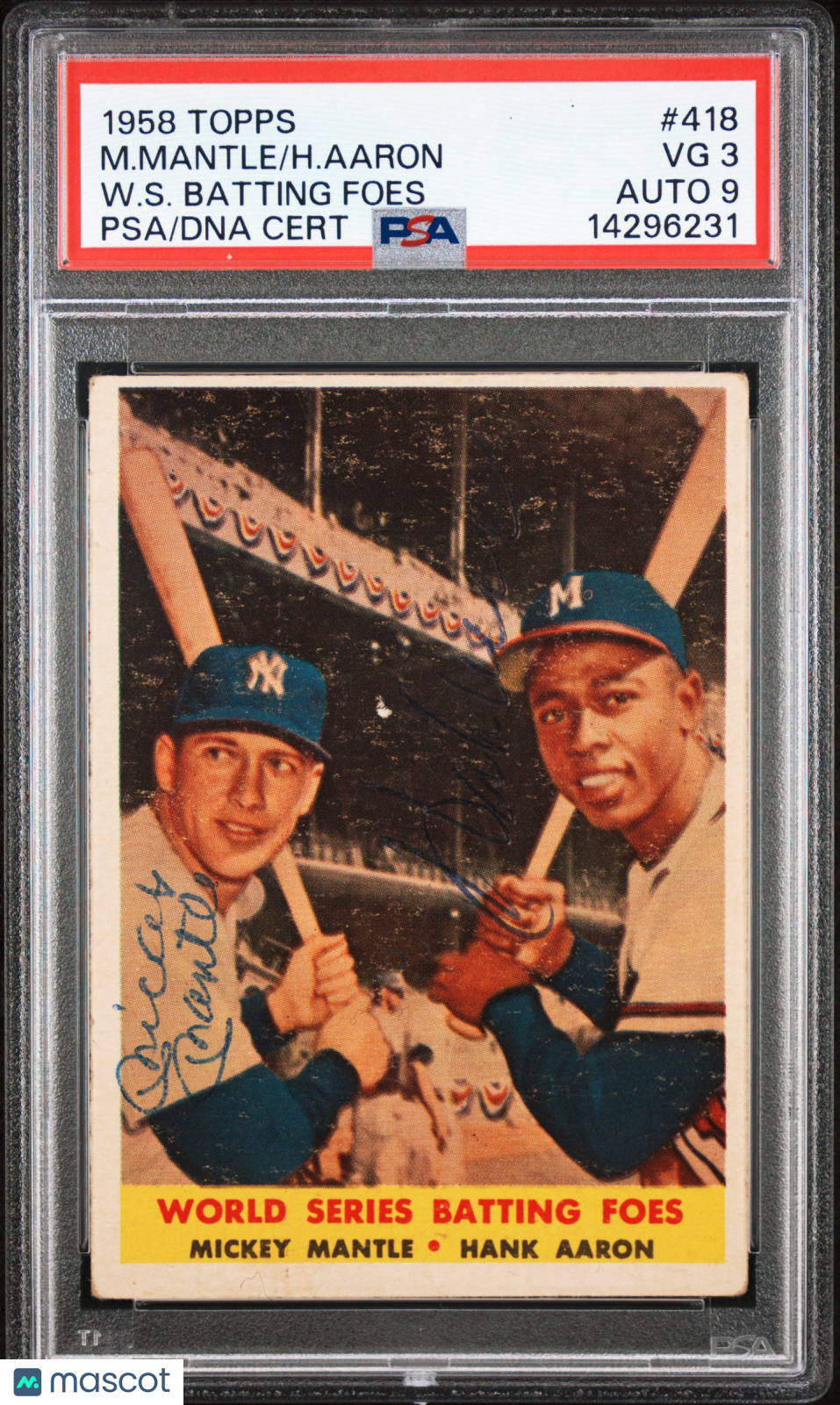 1958 Topps H. Aaron M. Mantle #418 W. S. Batting Foes PSA 3 Auto 9