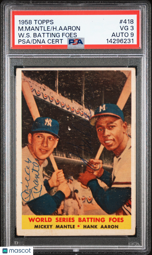 1958 Topps H. Aaron M. Mantle #418 W. S. Batting Foes PSA 3 Auto 9