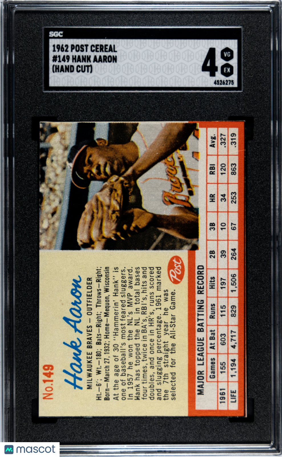 1962 Post Cereal Hank Aaron #149 SGC 4