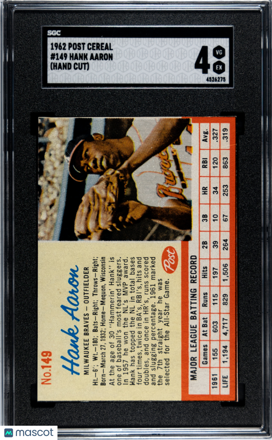 1962 Post Cereal Hank Aaron #149 SGC 4