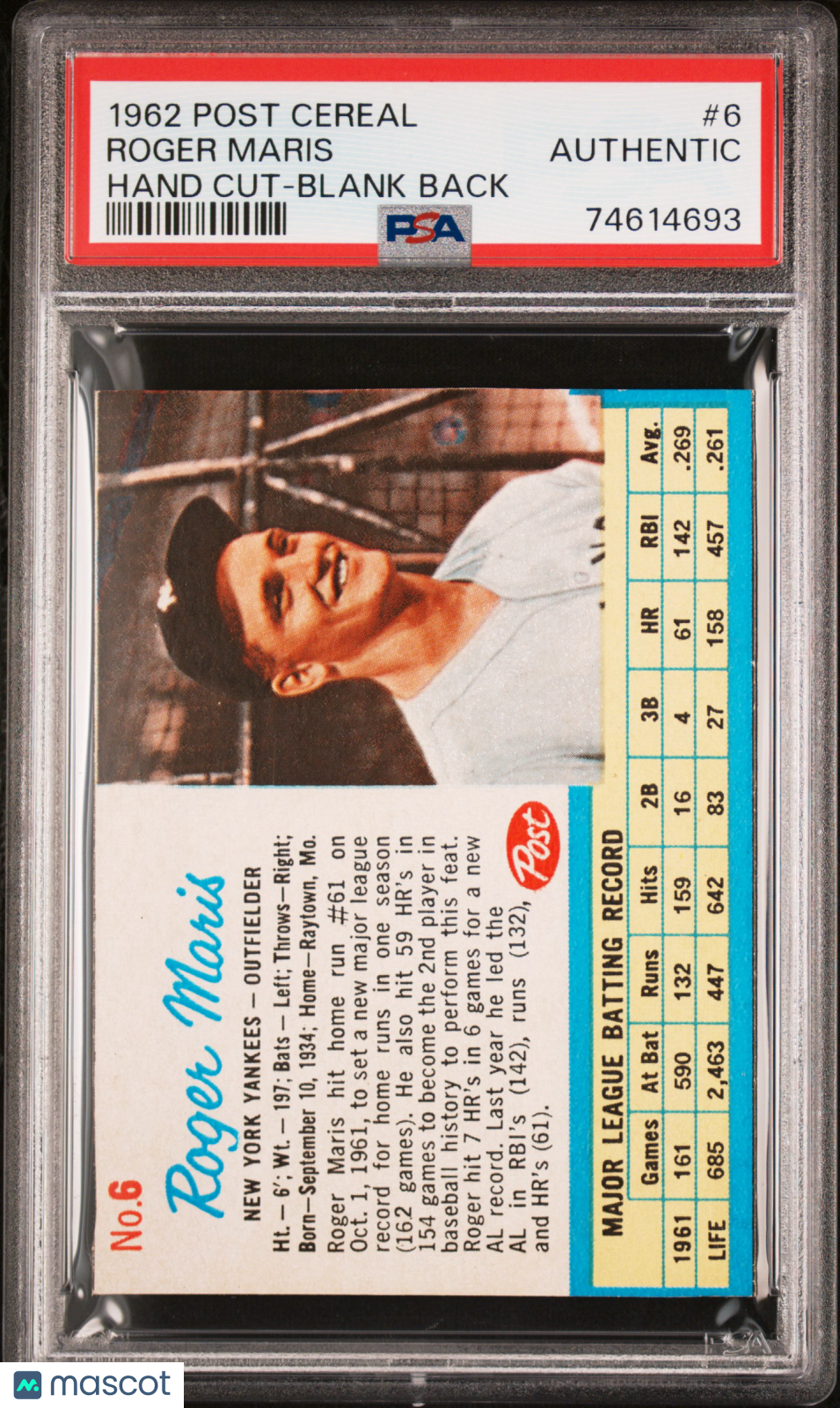 1962 Post Cereal Roger Maris #6 Hand Cut Blank Back PSA A