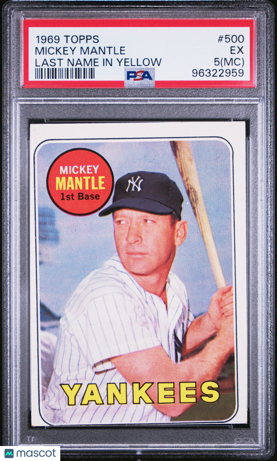 1969 Topps Mickey Mantle #500 Last Name In Yellow PSA 5 MC