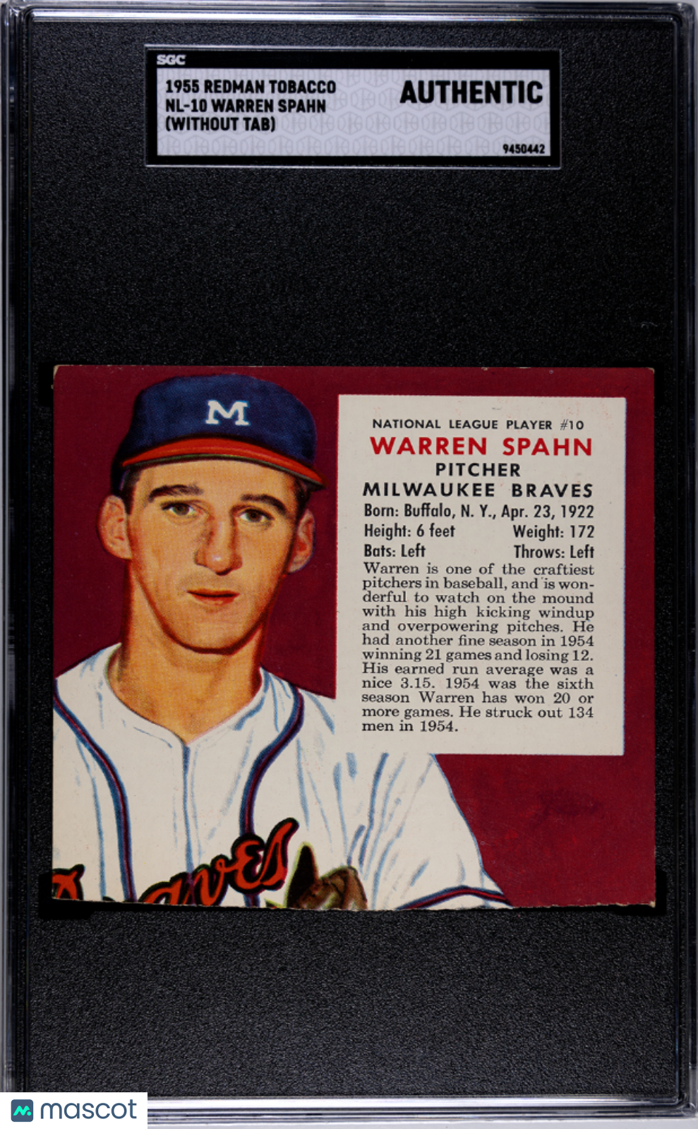 1955 Redman Tobacco Warren Spahn #NL-10 (Without Tab) SGC A