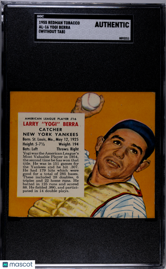 1955 Redman Tobacco Yogi Berra #AL-16 (Without Tab) SGC A