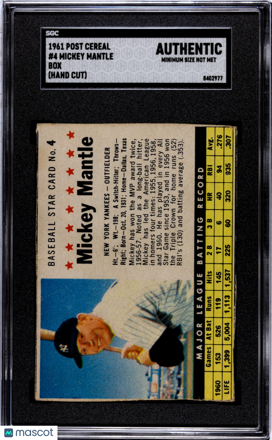 1961 Post Cereal Mickey Mantle #4 Box (Hand Cut) SGC A
