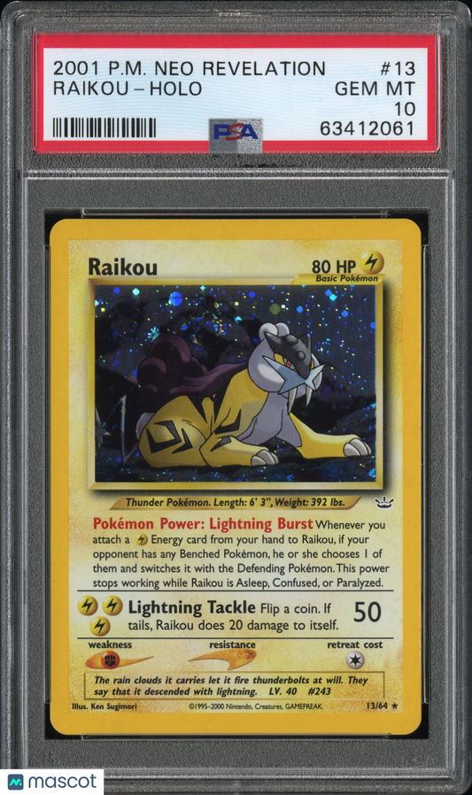 2001 Pokemon Neo Revelation Raikou Holo PSA 10 #13