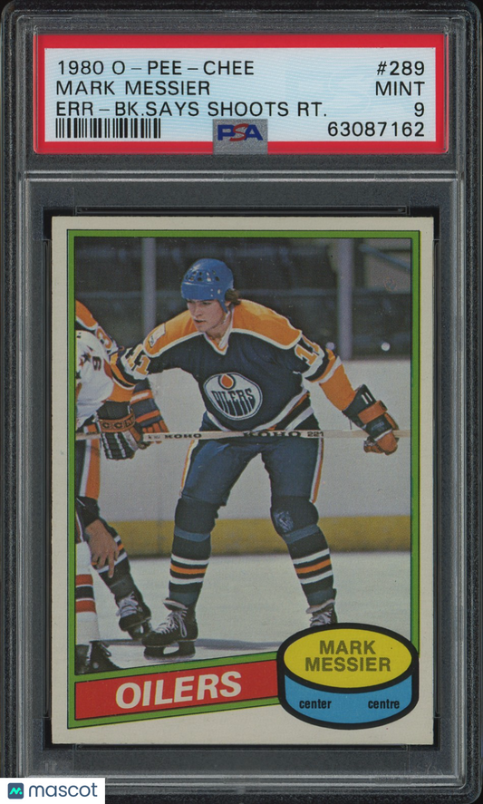 1980 O-Pee-Chee Mark Messier #289 Err BK. Says Shoots RT. PSA 9