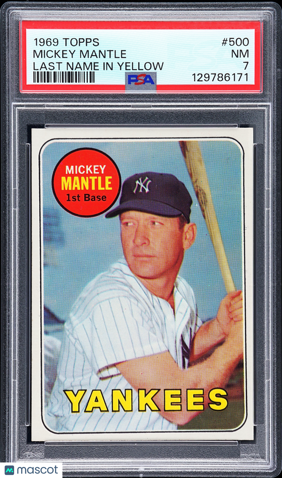 1969 Topps Mickey Mantle #500 Last Name In Yellow PSA 7
