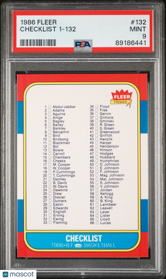1986 Fleer Checklist 1-132 #132 PSA 9