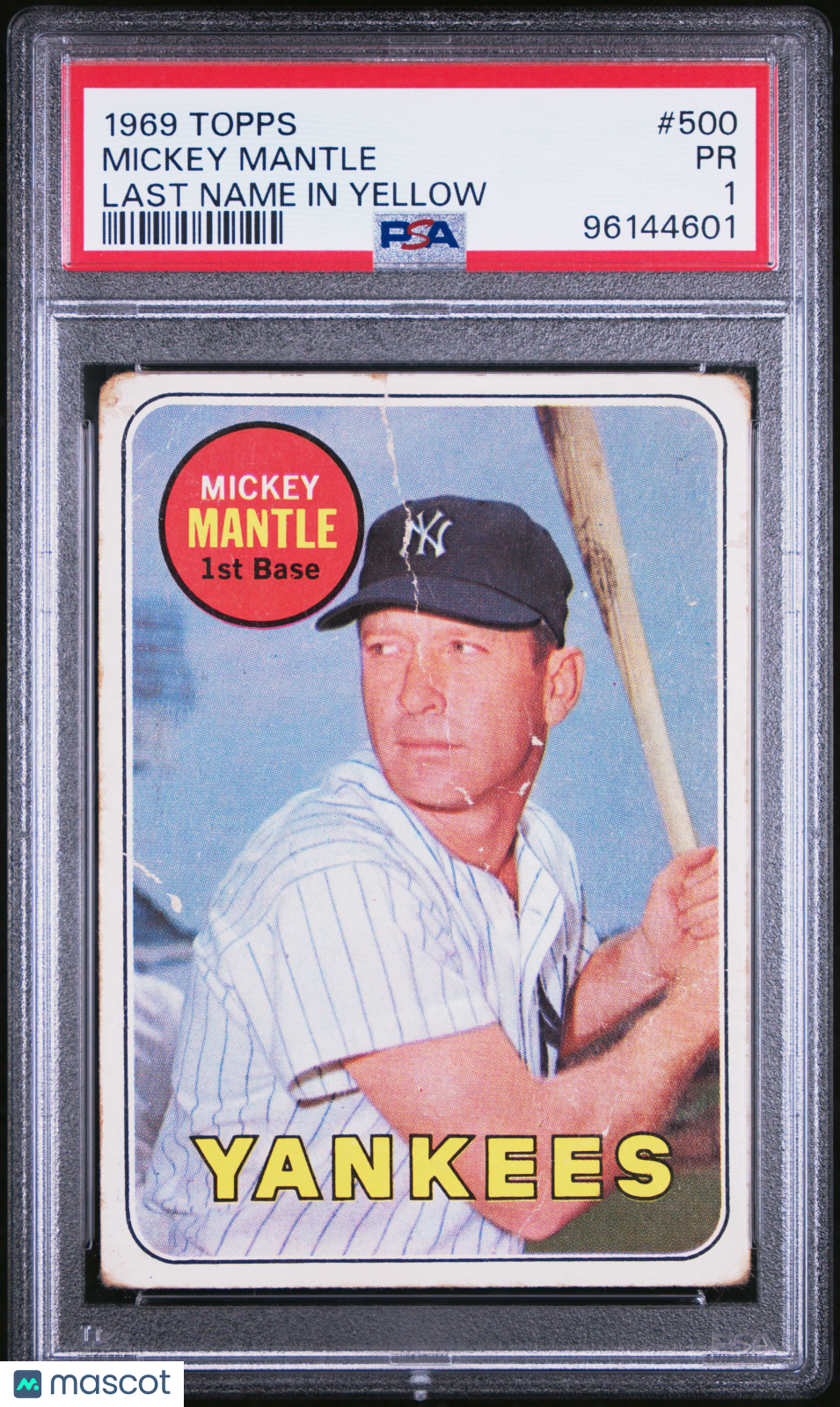 1969 Topps Mickey Mantle #500 Last Name In Yellow PSA 1