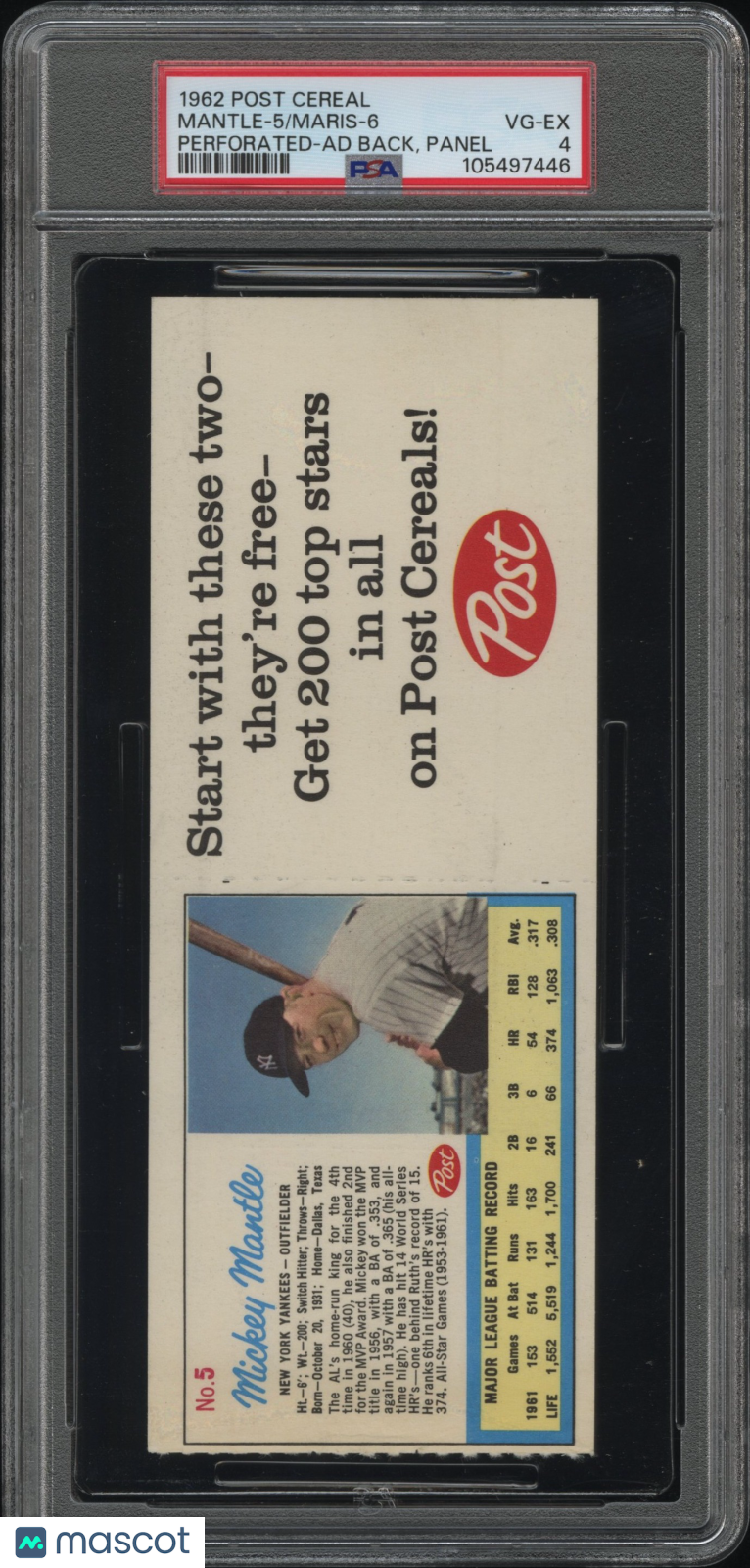 1962 Post Cereal Maris-6 Mantle-5 Perforated Ad Back, Panel PSA 4
