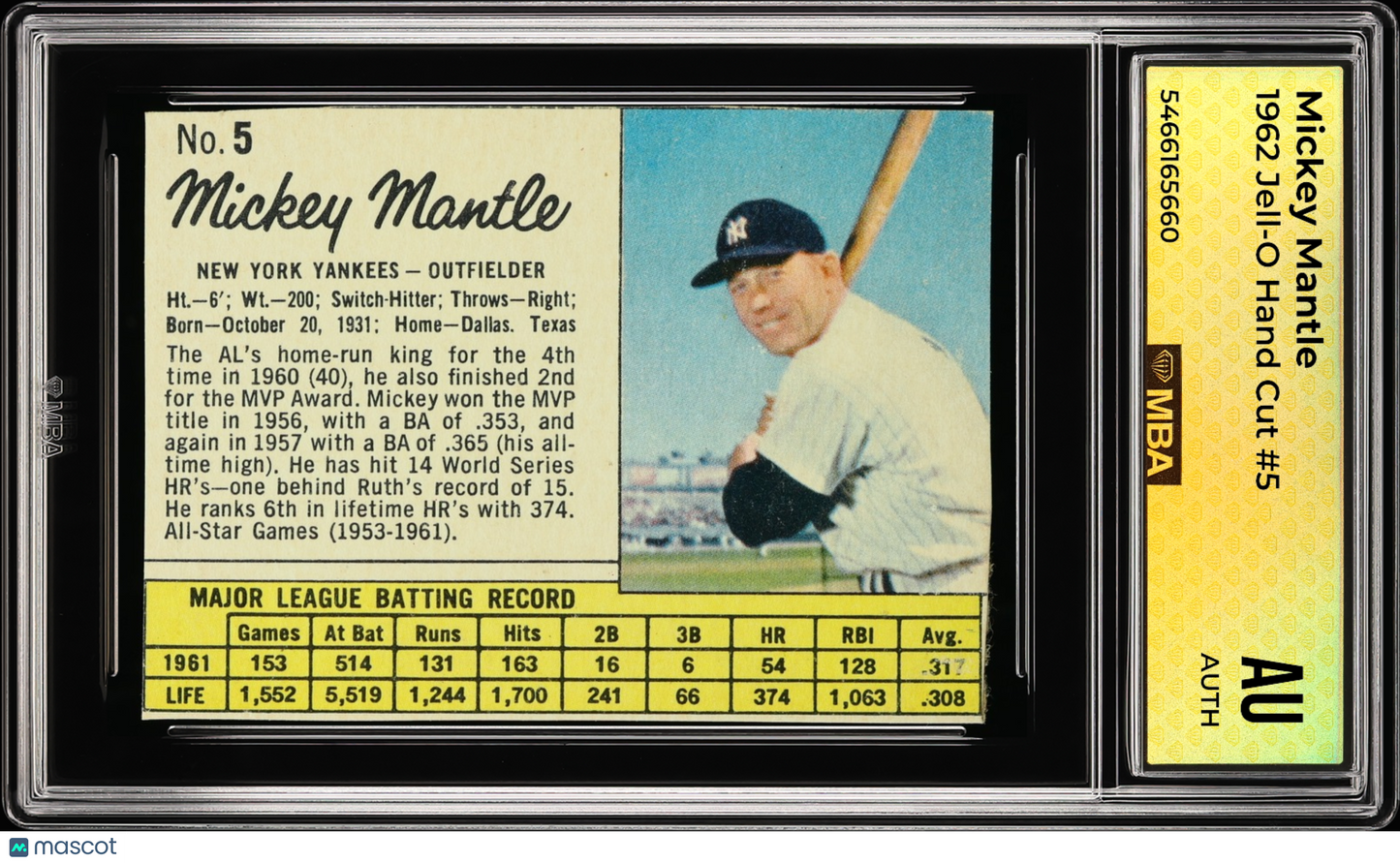 1962 Jell-O Mickey Mantle #5 Hand Cut MBA Authentic