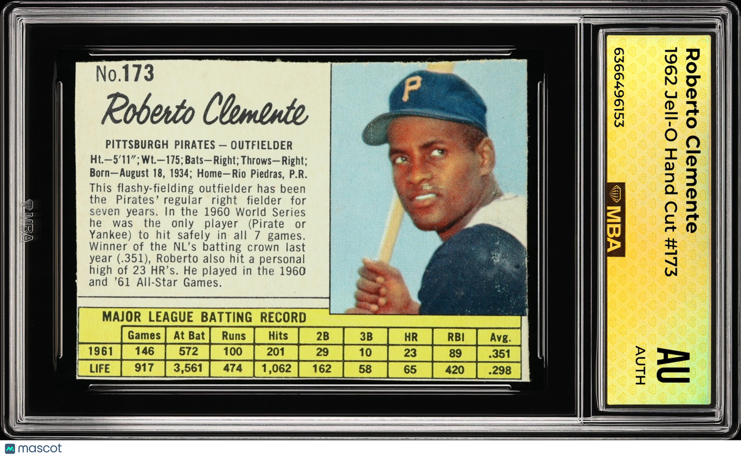 1962 Jell-O Roberto Clemente #173 Hand Cut MBA Authentic