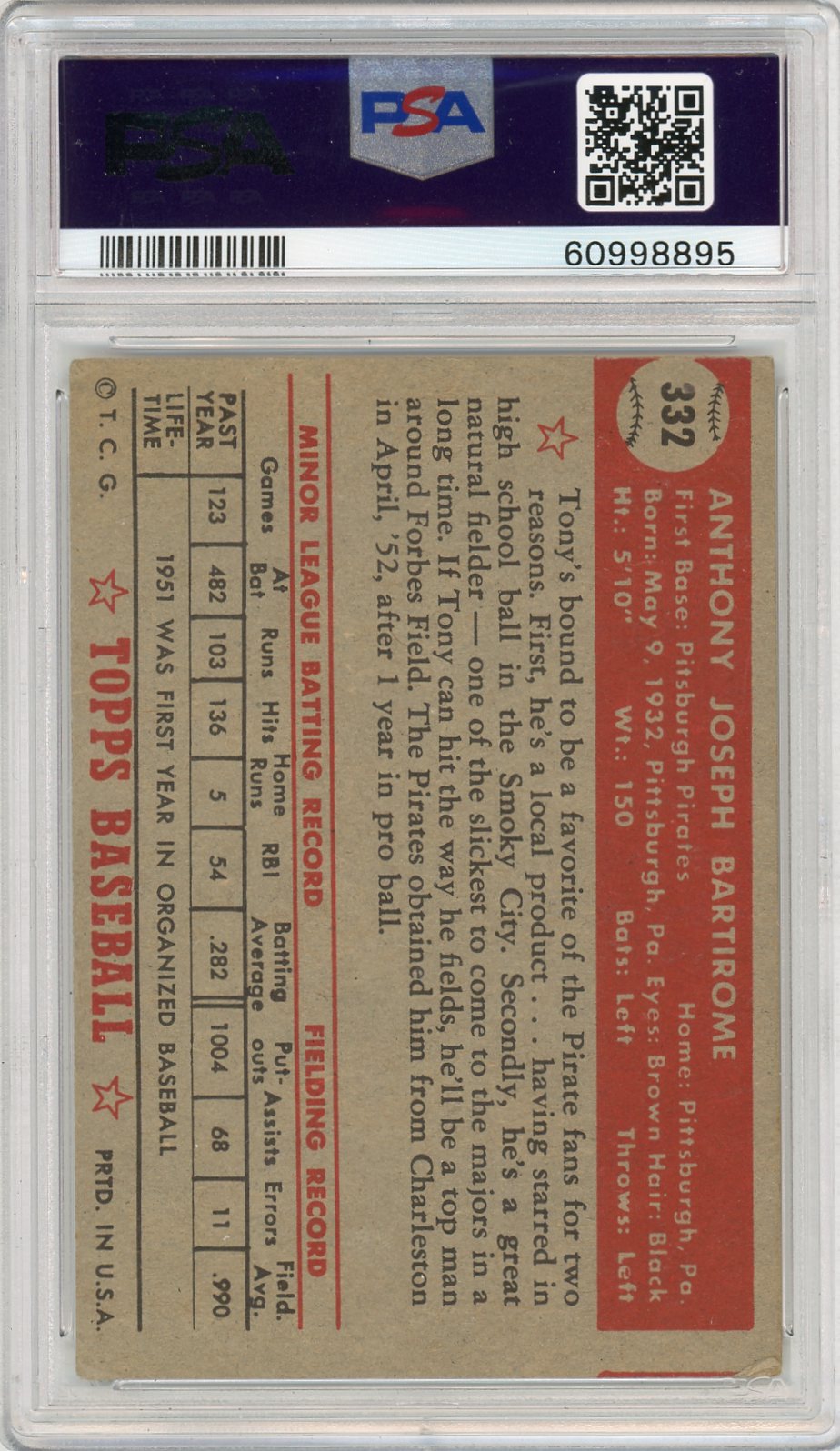 1952 TOPPS TONY BARTIROME #332 PSA 2
