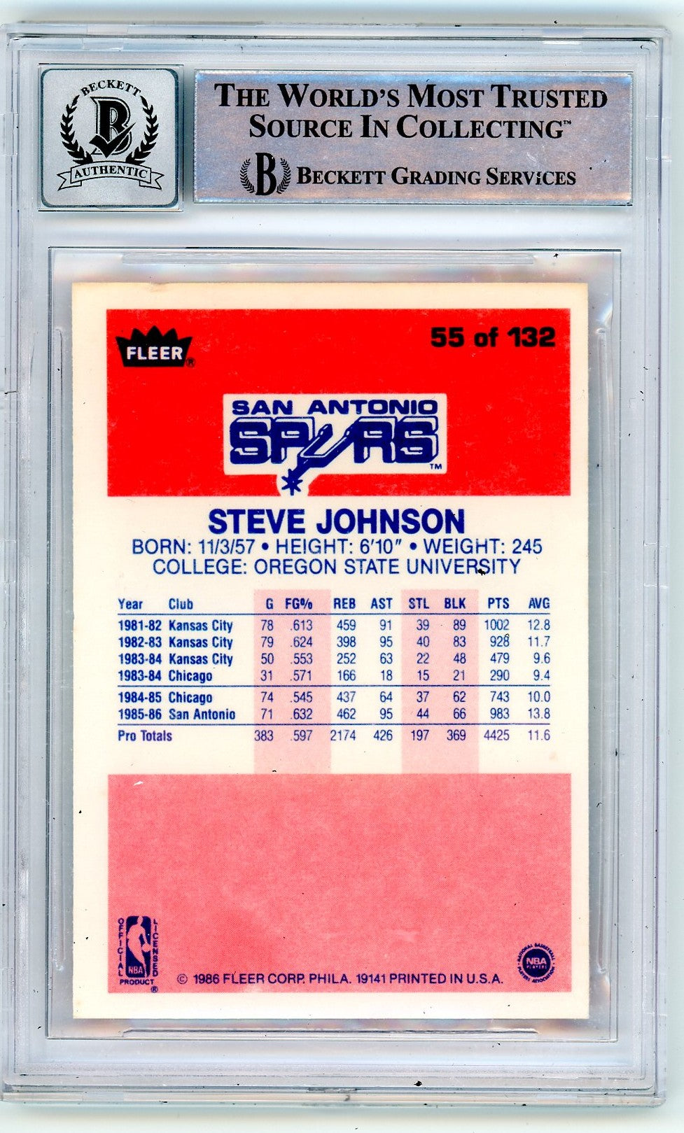 1986 Fleer Steve Johnson UER #55 /(photo Rookie BGS A BAS Auto 10