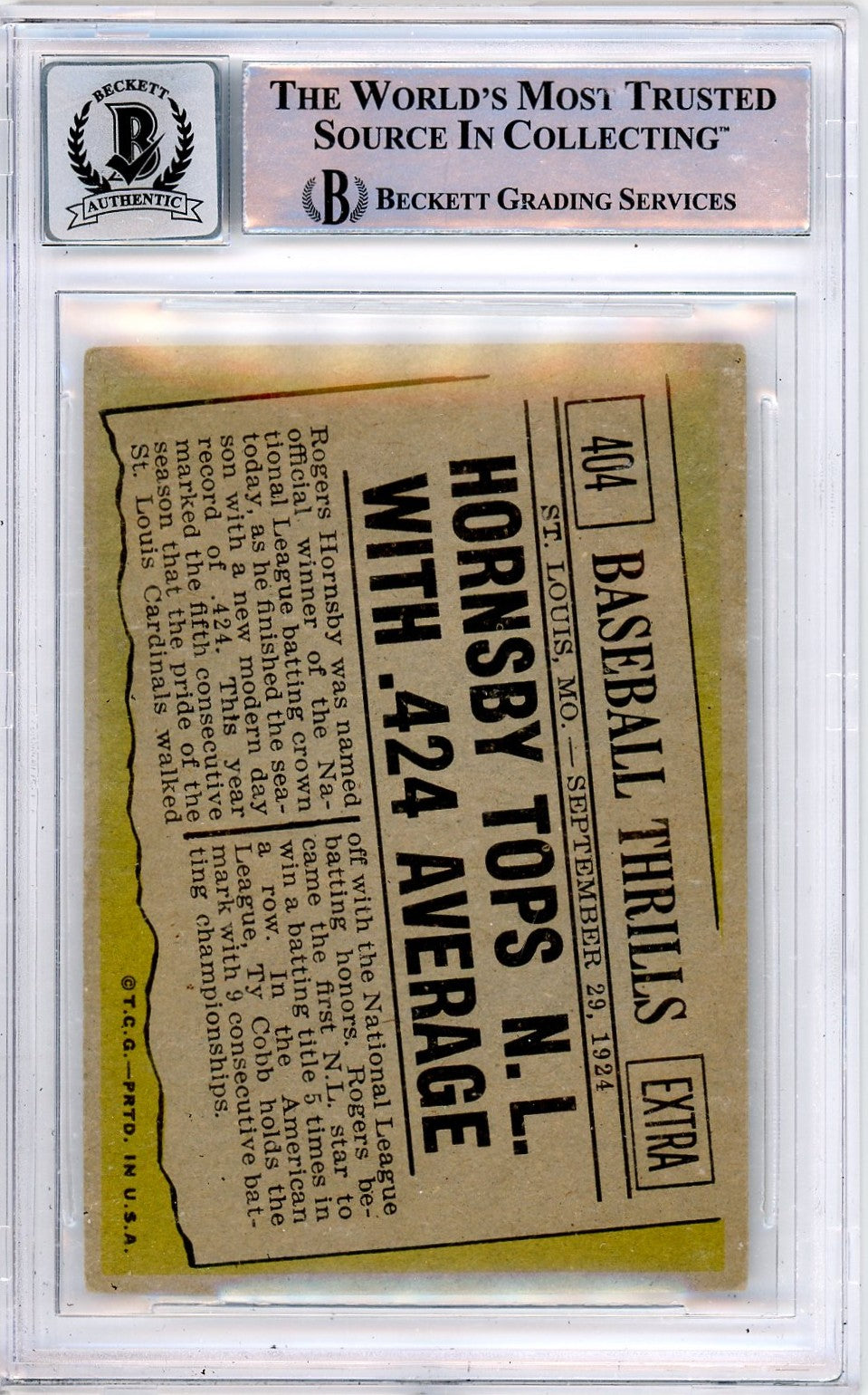 1961 Topps Rogers Hornsby .424 #404 Bgs A